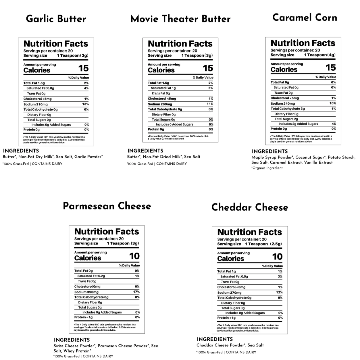 Popcorn Salt, Caramel, Cheddar Cheese, Garlic Butter, Movie Theater Butter, and Parmesan Cheese, 5 Bottles, Just Ingredients