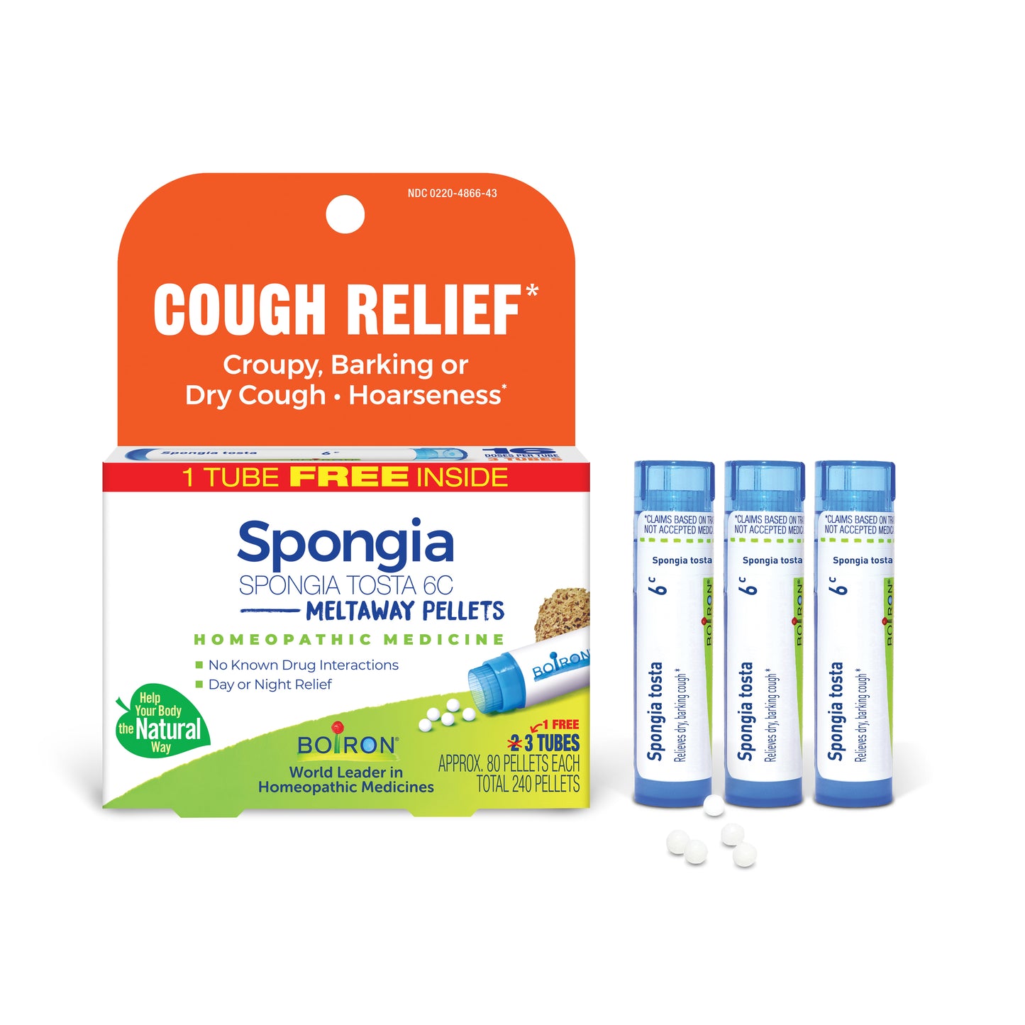 Spongia Tosta 6C, Homeopathic Medicine for Dry, Barking Cough, Meltaway Tablets, 1 Free Tube Inside, Boiron