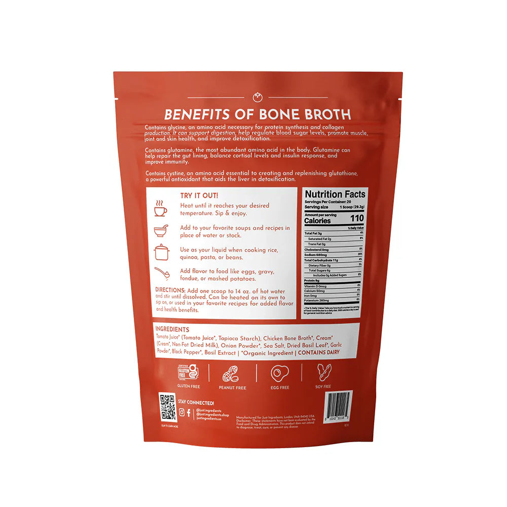 Tomato Basil Chicken Bone Broth, 20 Servings, 20.6oz, Just Ingredients
