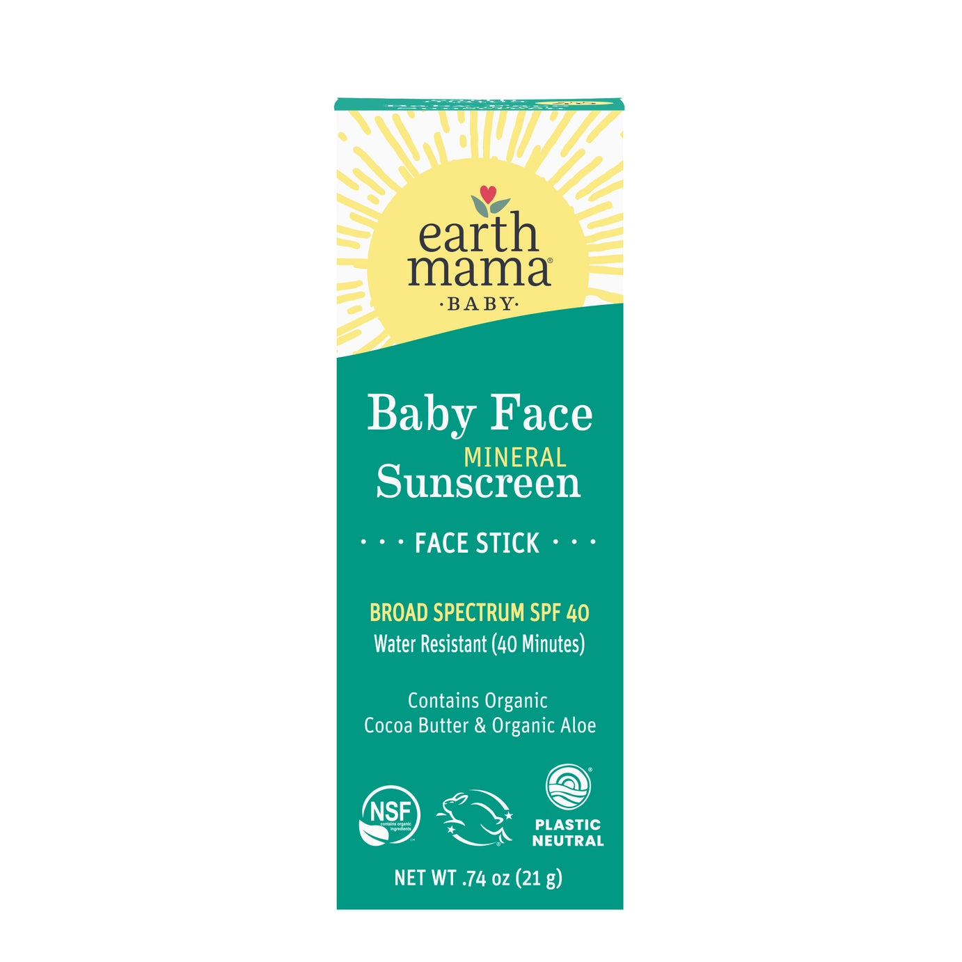 Baby Face Mineral Sunscreen, Face Stick, Spf 40, Earth Mama