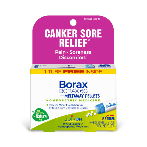 Borax 6C, Homeopathic Medicine for Canker Sore Relief, Meltaway Tablets, 1 Free Tube Inside, Boiron (Approx. 80 Pellets Per Tube), Boiron