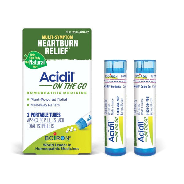Acidil On the Go, Homeopathic Medicine for Multi-Symptom Heartburn Relief, 2 Tubes (Approx. 80 Pellets Per Tube), Boiron