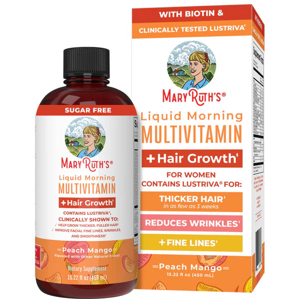 Liquid Morning Multivitamin + Hair Growth, Peach Mango, 15.22-32oz, MaryRuth Organics