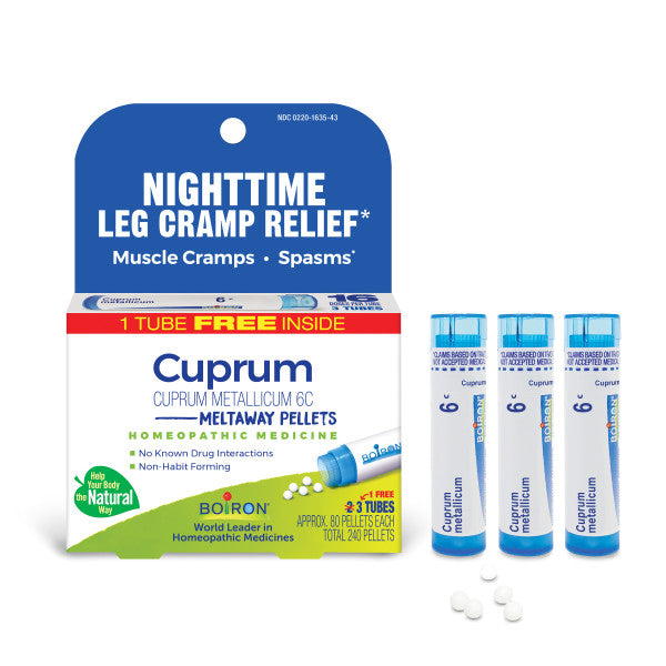 NIGHTTIME LEG CRAMP RELIEF* Cuprum Metallicum 6C, 3 Tubes, 80 Pellets Each, Includes 1 FREE Tube, Boiron