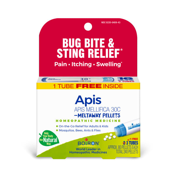 Apis Mellifica 30C, Homeopathic Medicine for Bug Bite & Stings, Meltaway Tablets, 1 Free Tube Inside, Boiron