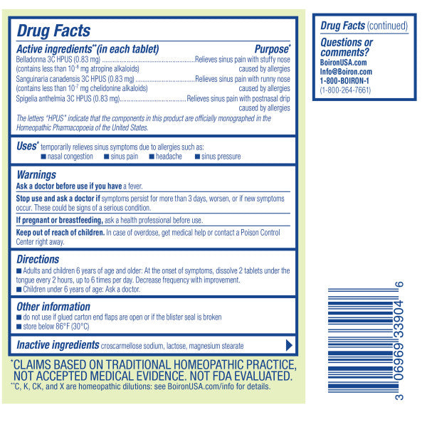SinusCalm Allergy, Homeopathic Medicine for the Relief of Sinus Symptoms Due to Allergies, 60 Meltaway Tablets, Boiron