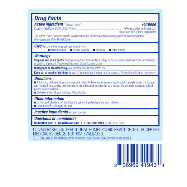 NIGHTTIME LEG CRAMP RELIEF* Cuprum Metallicum 6C, 3 Tubes, 80 Pellets Each, Includes 1 FREE Tube, Boiron