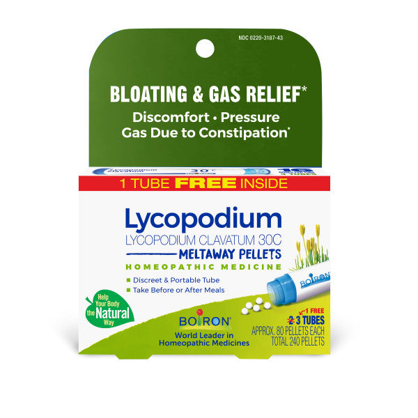BLOATING & GAS RELIEF* Lycopodium 30C, 3 Tubes, 80 Pellets Each, Includes 1 FREE Tube