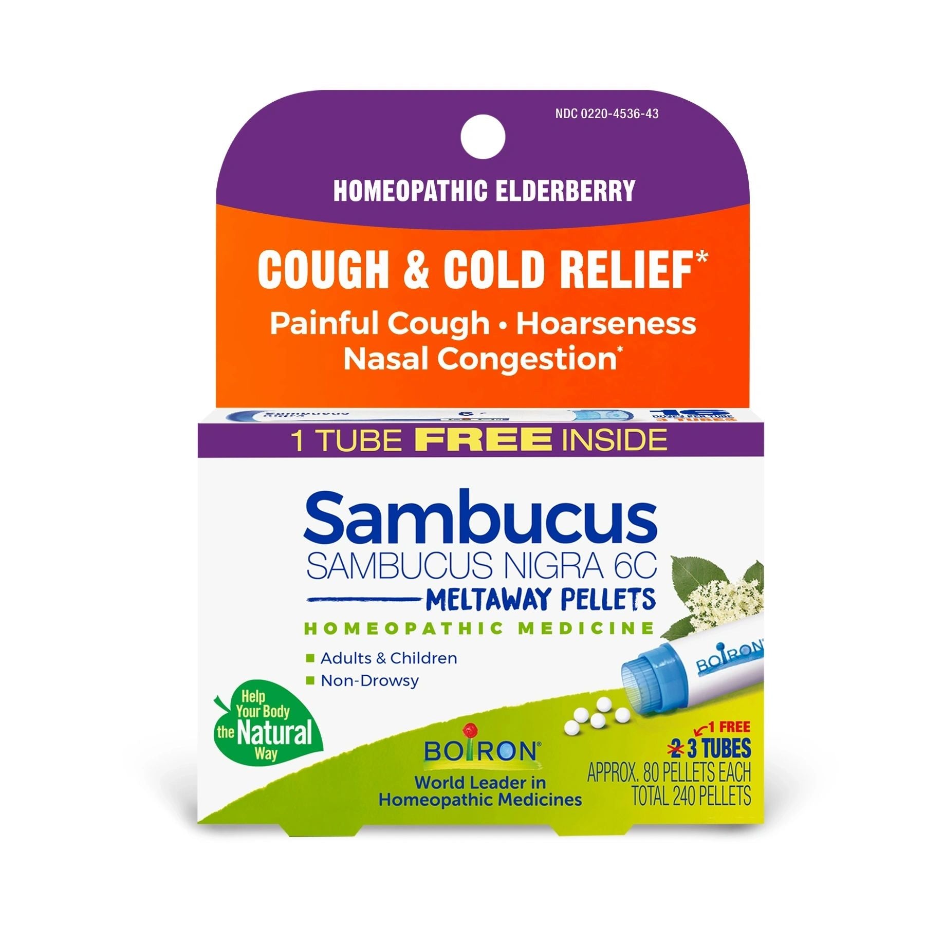 COUGH & COLD RELIEF* Sambucus 6C, 3 Tubes, 80 Pellets Each, Includes 1 FREE Tube