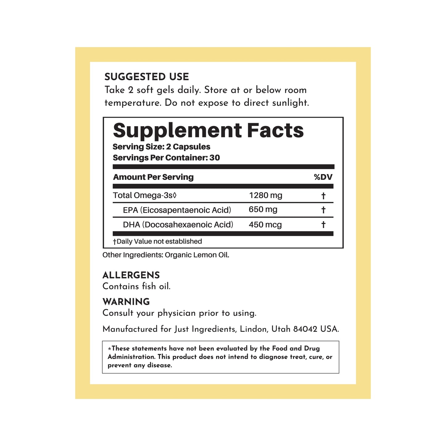 Omega-3 DHA + EPA Supplement, 60 Capsules, Just Ingredients