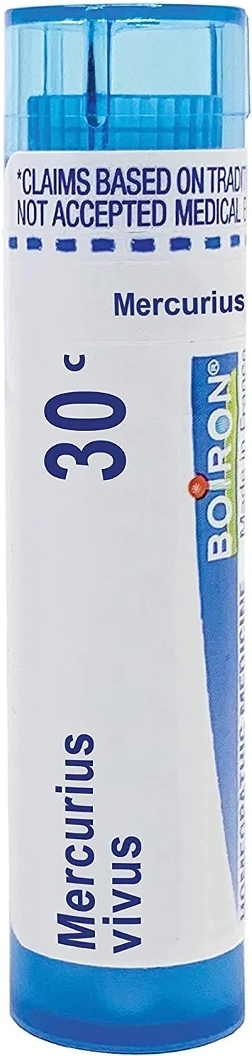 Mercurius vivus 30C, 200CK, Homeopathic Medicine for Sore Throat with Offensive Breath & Excessive Salivation, Boiron, 80 Pills (Pill Size #40)