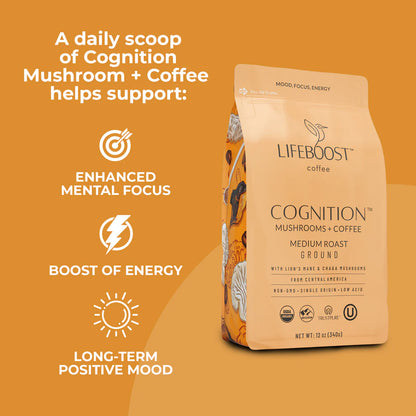 Cognition Mushrooms + Coffee Medium Roast Ground, 12oz, LifeBoost