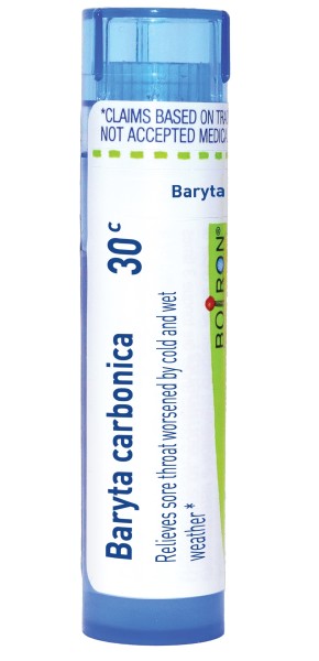 Baryta Carbonica 30C, 200CK, Homeopathic Medicine for Sore Throat Triggered and Worsened by Wet Weather, Boiron, 80 Pills (Pill Size #40)