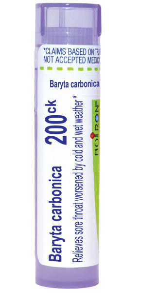 Baryta Carbonica 30C, 200CK, Homeopathic Medicine for Sore Throat Triggered and Worsened by Wet Weather, Boiron, 80 Pills (Pill Size #40)