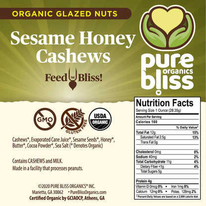 Organic Gourmet Nuts, Sesame Honey Cashews Glazed Mix, Pure Bliss Organics