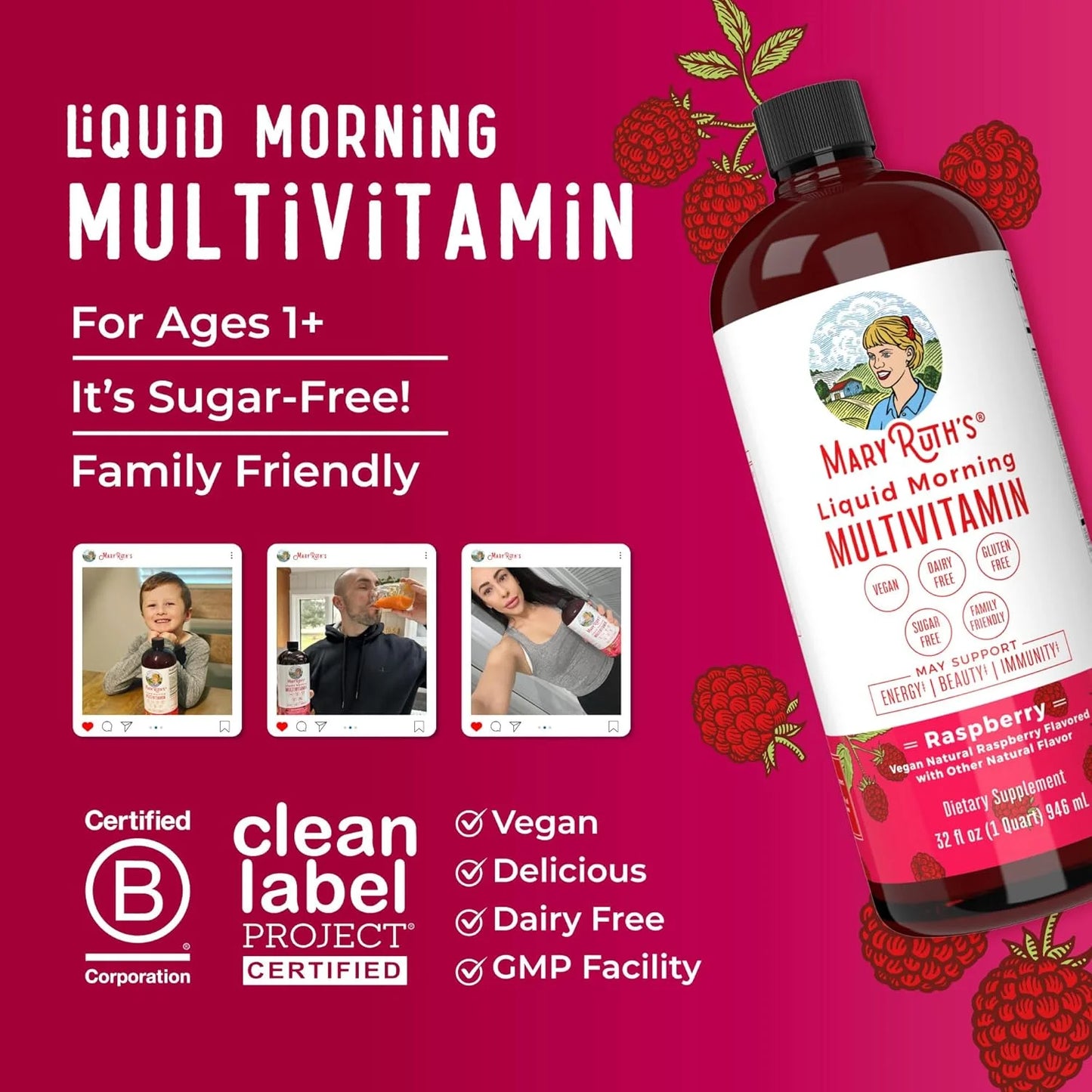 Liquid Morning Multivitamin, Raspberry, 15.22-32oz, MaryRuth Organics