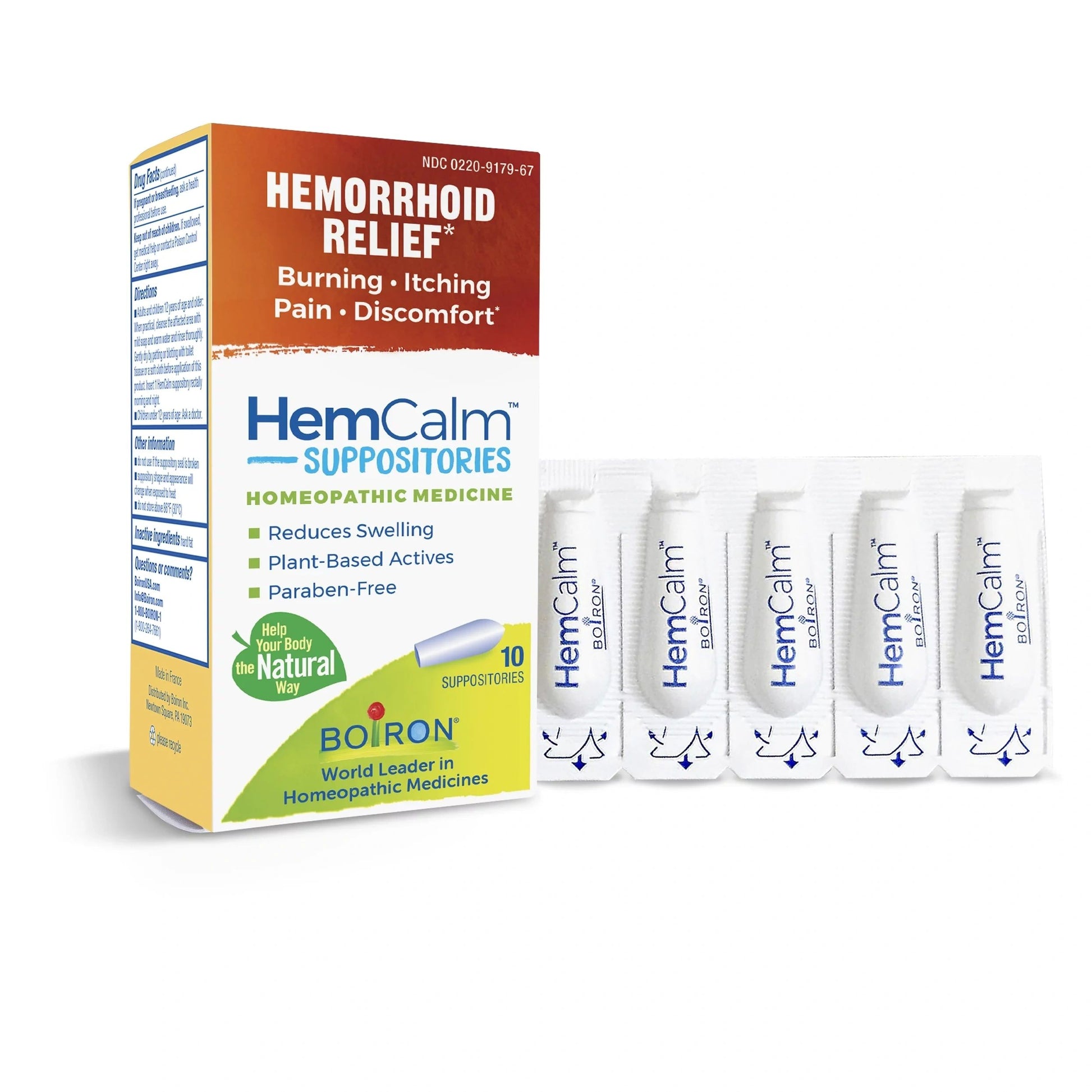 HemCalm Suppositories, Homeopathic Hemorrhoid Relief for Itchy Burning Pain, Swelling and Discomfort, 10 Count, Boiron