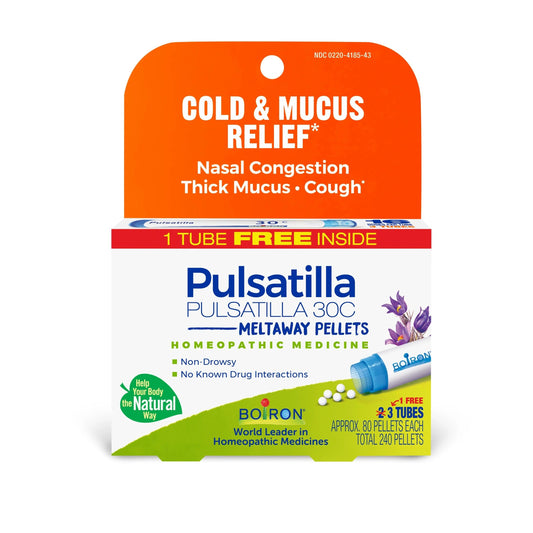 COLD & MUCUS RELIEF* Pulsatilla 30C, 3 Tubes, 80 Pellets Each, Includes 1 FREE Tube