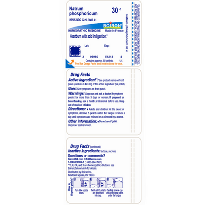 Natrum phosphoricum 30C, Homeopathic Medicine that Relieves heartburn with acid indigestion, Boiron, 80 Pills (Pill Size #40)