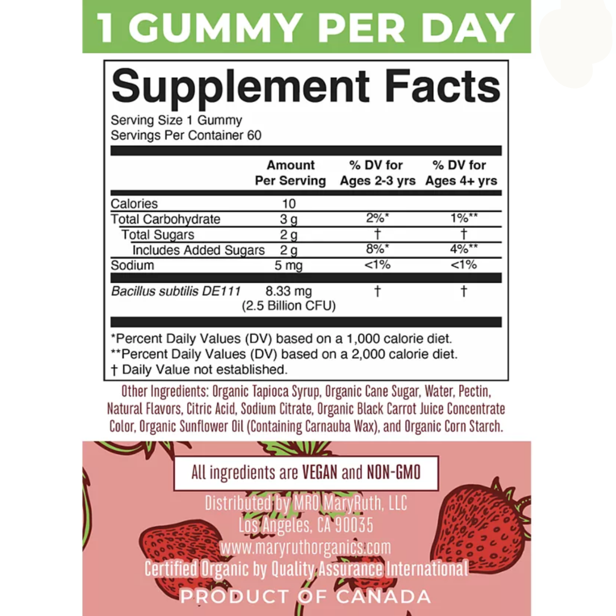 Kids Probiotic Gummies for Digestive Health, Strawberry Flavor, 60ct, MaryRuth Organics