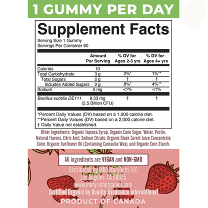 Kids Probiotic Gummies for Digestive Health, Strawberry Flavor, 60ct, MaryRuth Organics