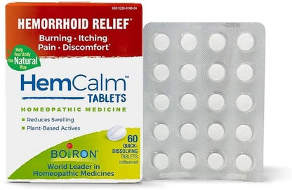 HemCalm Tablets, Homeopathic Medicine for Hemorrhoid Relief for Itchy Burning Pain, Swelling and Discomfort, 60 Quick-Dissolving Tablets, Boiron