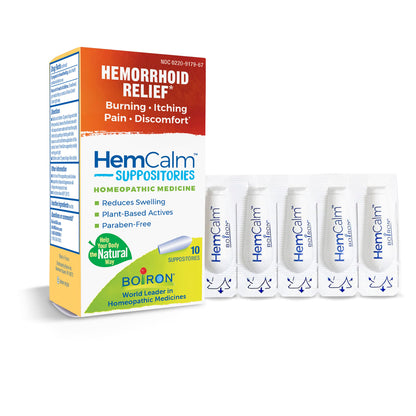 HemCalm Suppositories, Homeopathic Hemorrhoid Relief for Itching, Burning Pain, Swelling and Discomfort, 10 Count, Boiron