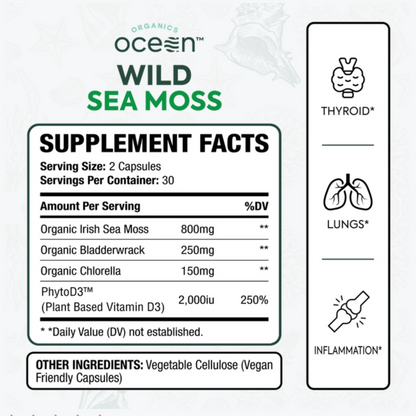 Wild Sea Moss + Bladderwrack + Chlorella, Organic Superfood, 60 Capsules, Organics Ocean