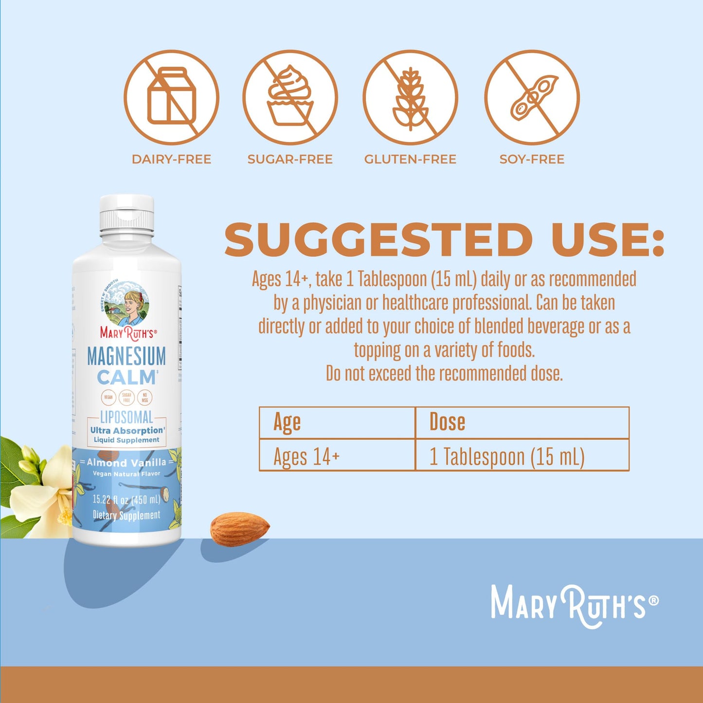 Magnesium Calm Liquid Liposomal, Almond Vanilla Flavored, 15.22oz, MaryRuth Organics
