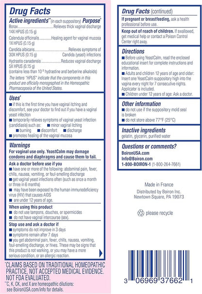 YeastCalm, Homeopathic Medicine for the Relief Symptoms of Vaginal Yeast Infection (Candidiasis), 7 Vaginal Suppositories, Boiron