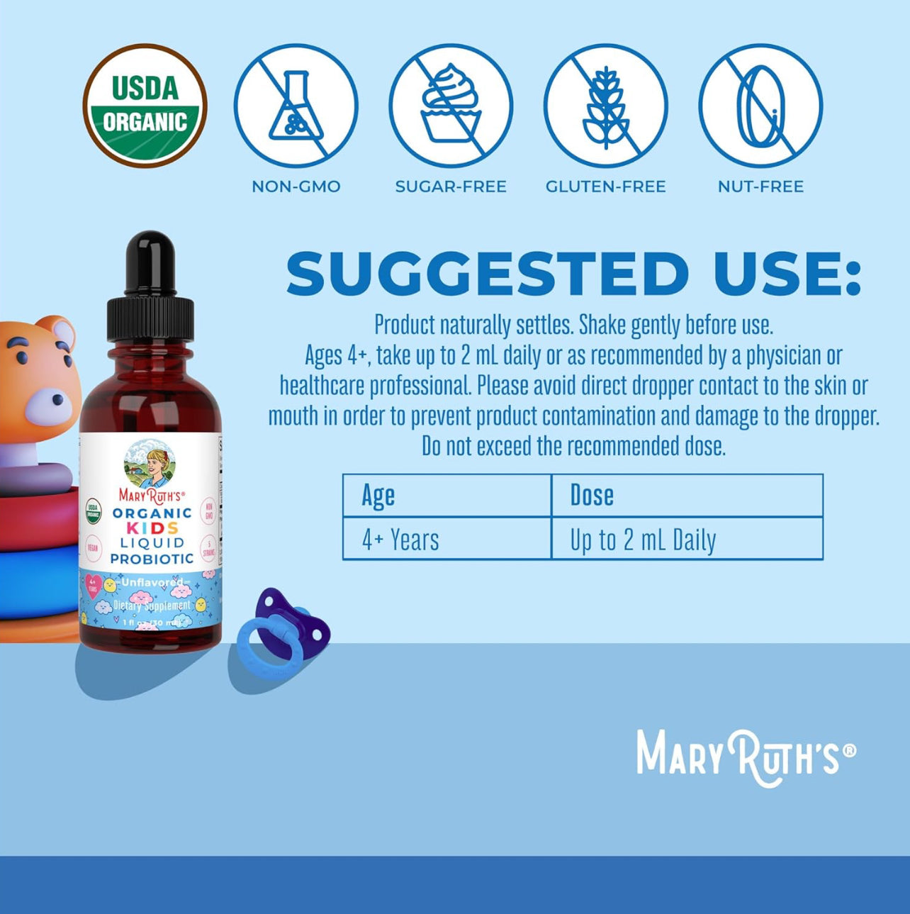Kids Liquid Probiotic, Unflavored, 1oz, MaryRuth Organics