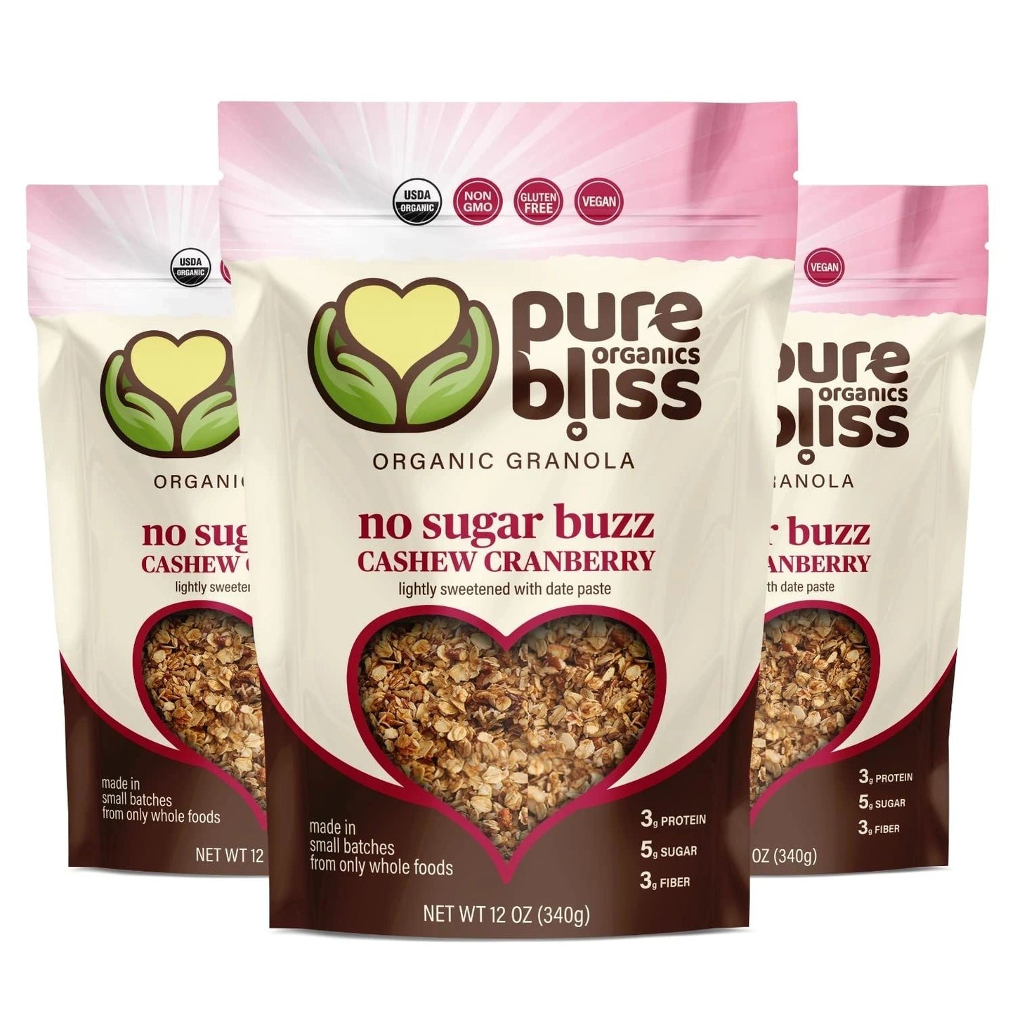 Organic Granola, No Sugar Buzz Cashew Cranberry, Lightly Sweetened with Date Paste, Pure Bliss Organics