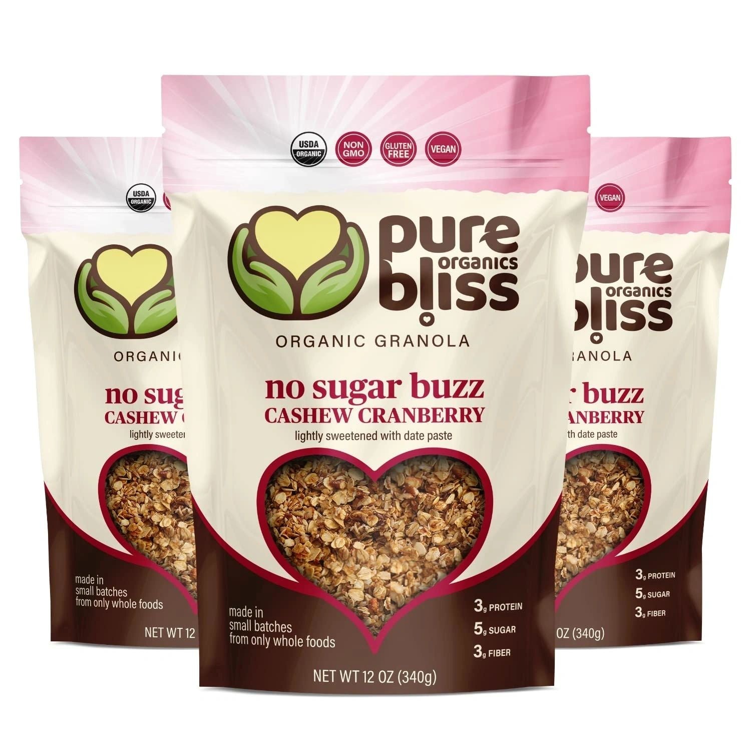 Organic Granola, No Sugar Buzz Cashew Cranberry, Lightly Sweetened with Date Paste, Pure Bliss Organics