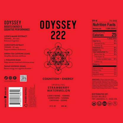 Strawberry Watermelon Sparkling Mushroom Energy Drink, ENERGY + FOCUS, Odyssey