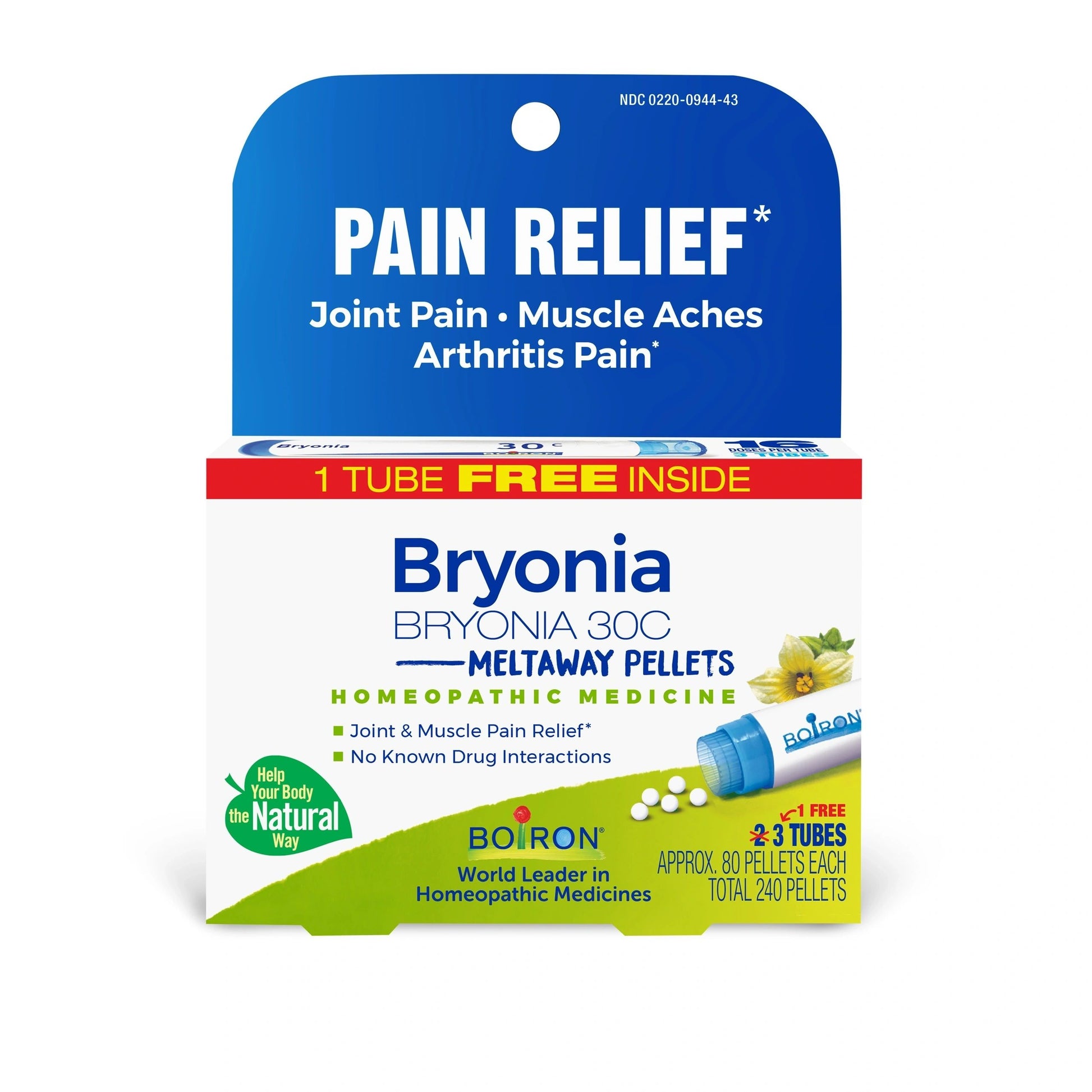 PAIN RELIEF* Bryonia 30C, 3 Tubes, 80 Pellets Each, Includes 1 FREE Tube