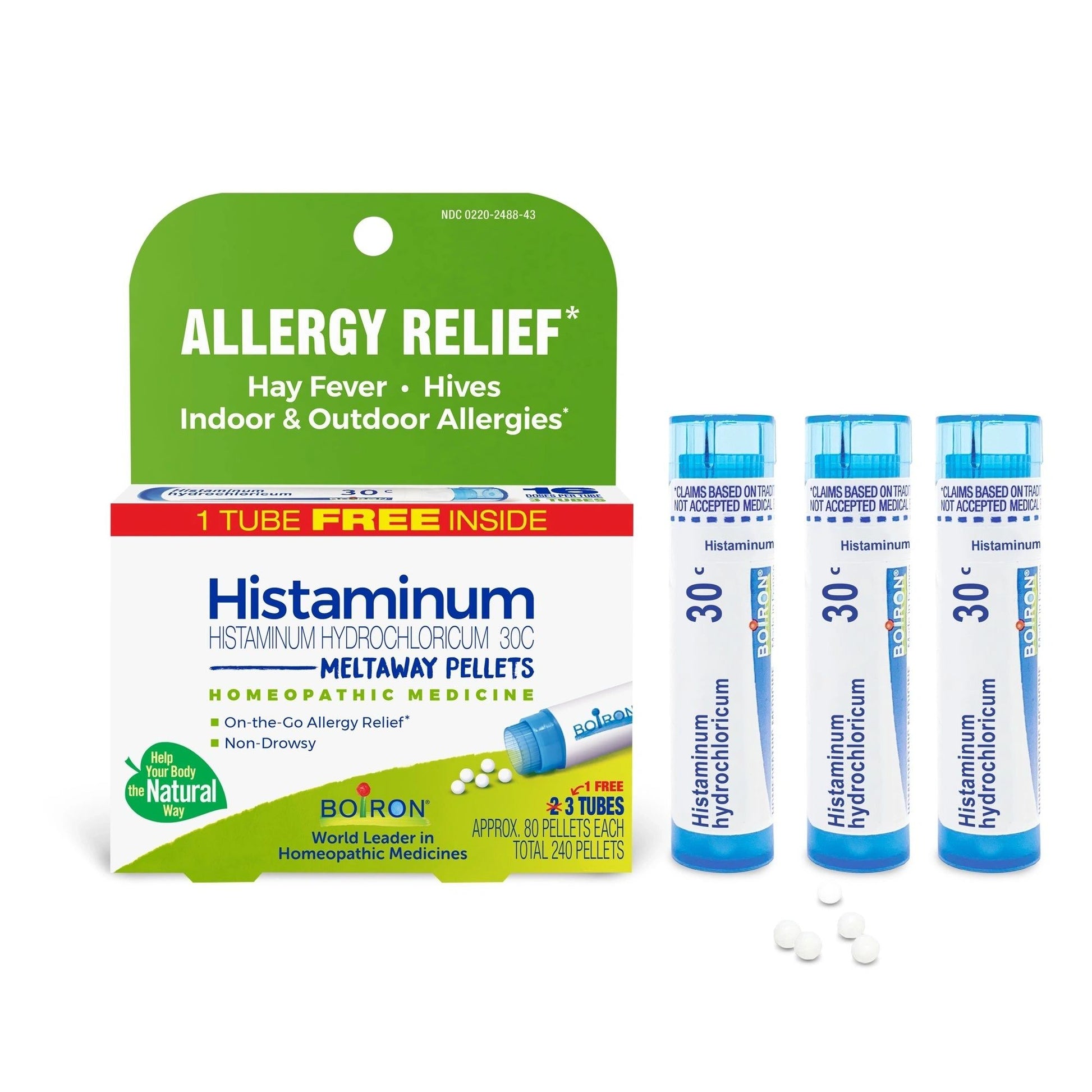 Allergy Relief* Histaminum 30C, 3 Tubes, 80 Pellets Each, Includes 1 FREE Tube, Boiron