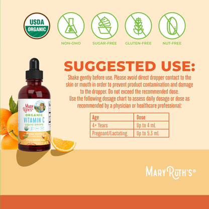 Vitamin C Liquid Drops, Orange Vanilla Flavored, 4oz, MaryRuth Organics