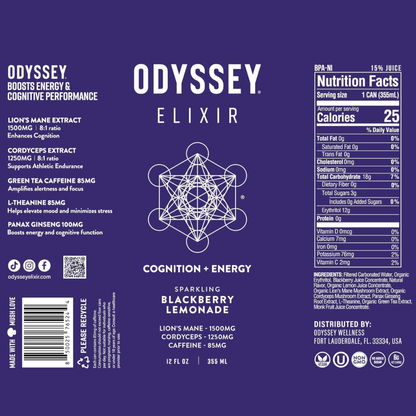 Blackberry Lemon Twist Sparkling Mushroom Elixir ENERGY + FOCUS Drink, Odyssey