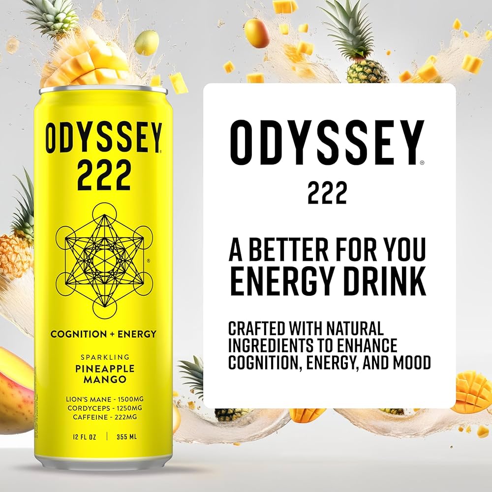 Pineapple Mango Sparkling Mushroom Energy Drink, ENERGY + FOCUS, Odyssey