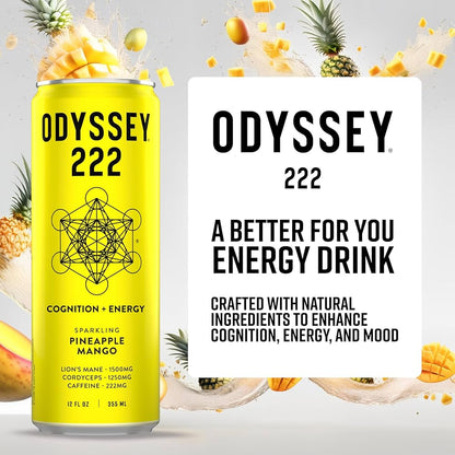 Pineapple Mango Sparkling Mushroom Energy Drink, ENERGY + FOCUS, Odyssey