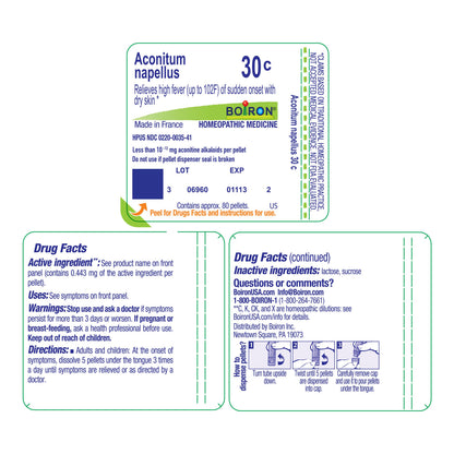 Aconitum Napellus, Homeopathic Medicine for High Fever (up to 102F) of Sudden Onset, Boiron, 80 Pills (Pill Size #40)