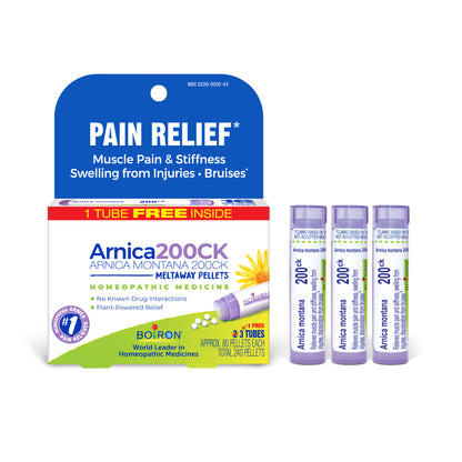 Arnica Montana 200CK, Homeopathic Medicine for Pain Relief, 3 Tubes, 80 Pellets Each, Includes 1 FREE Tube, Boiron