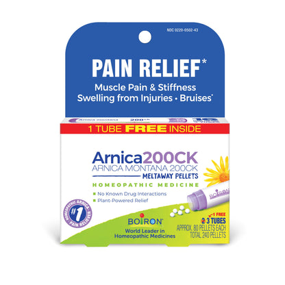 Arnica Montana 200CK, Homeopathic Medicine for Pain Relief, 3 Tubes, 80 Pellets Each, Includes 1 FREE Tube, Boiron