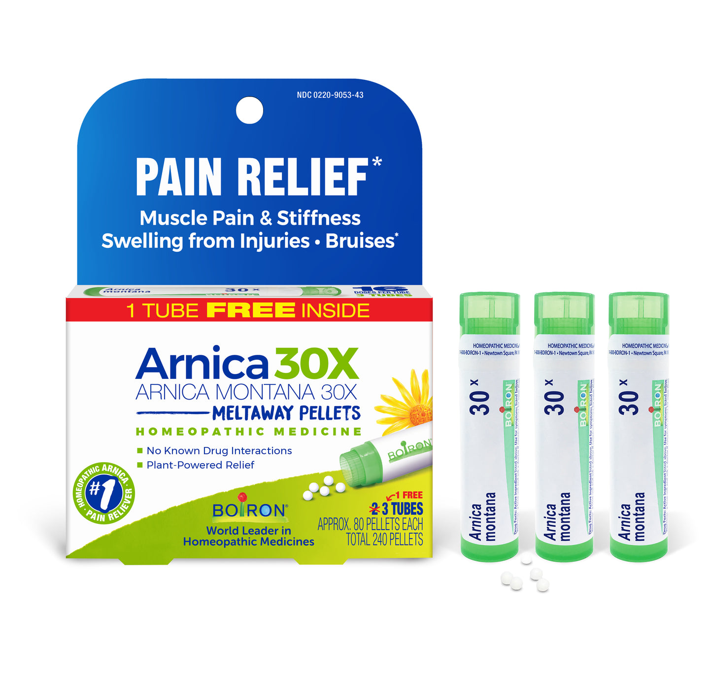 Arnica Montana 30X, Homeopathic Medicine for Pain Relief, 3 Tubes, 80 Pellets Each, Includes 1 FREE Tube, Boiron