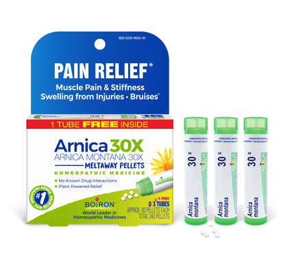 Arnica Montana 30X, Homeopathic Medicine for Pain Relief, 3 Tubes, 80 Pellets Each, Includes 1 FREE Tube, Boiron