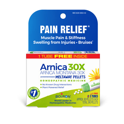 Arnica Montana 30X, Homeopathic Medicine for Pain Relief, 3 Tubes, 80 Pellets Each, Includes 1 FREE Tube, Boiron