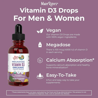 Megadose Vitamin D3 Liquid Drops, Pineapple Flavored, 1oz, MaryRuth Organics
