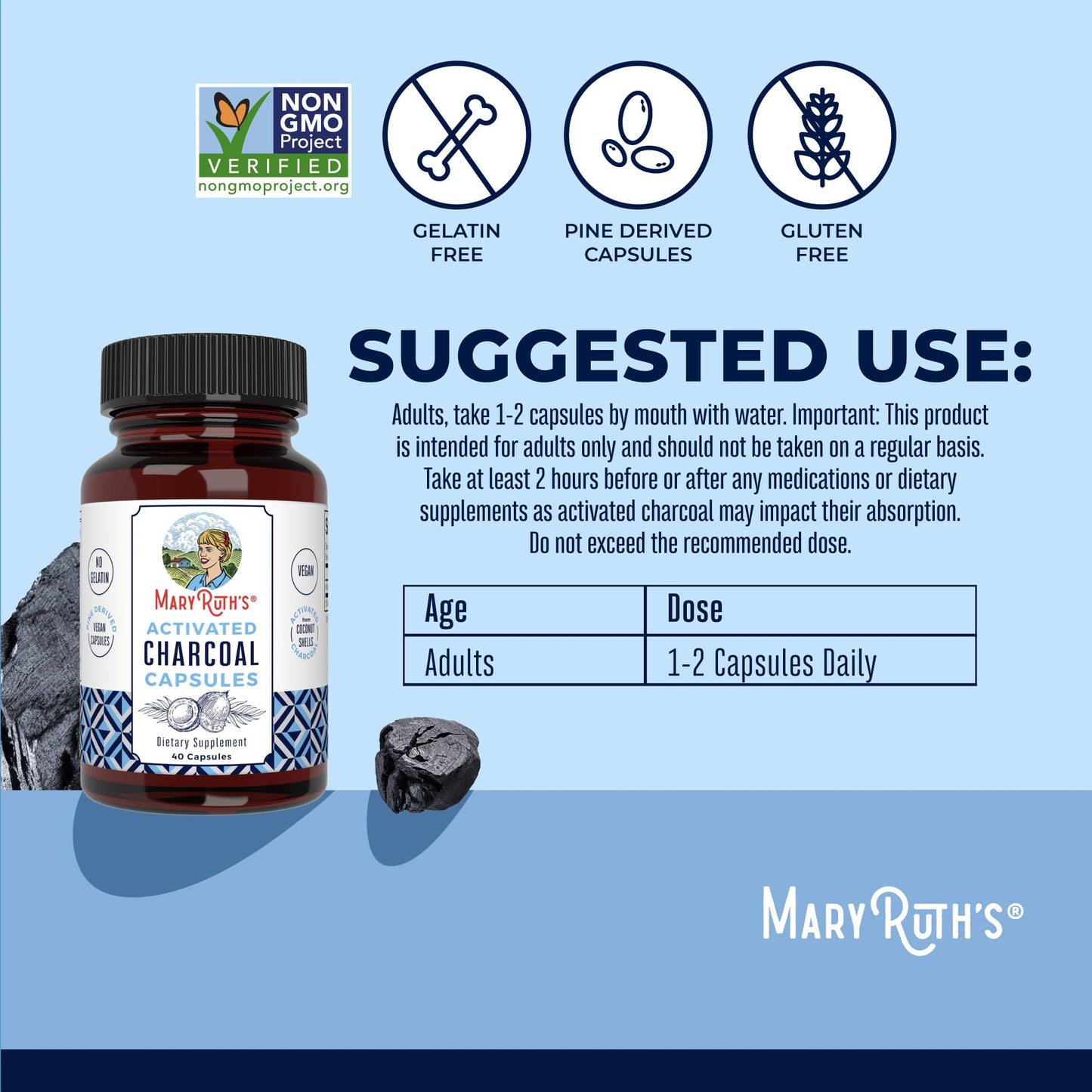 Activated Charcoal, 40 Capsules, MaryRuth Organics