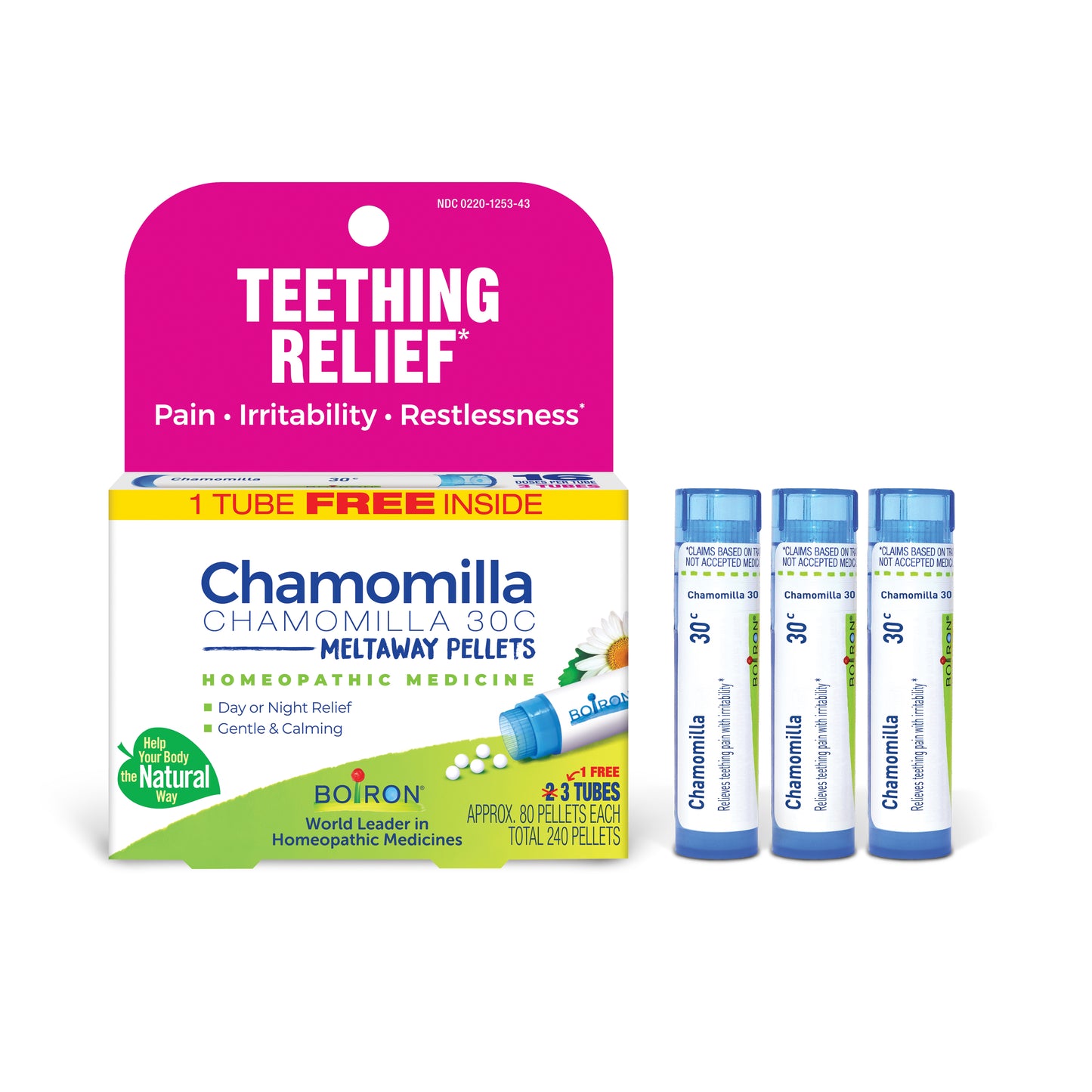 Chamomilla 30C, Homeopathic Medicine for Teething Relief, Meltaway Tablets, 1 Free Tube Inside, Boiron