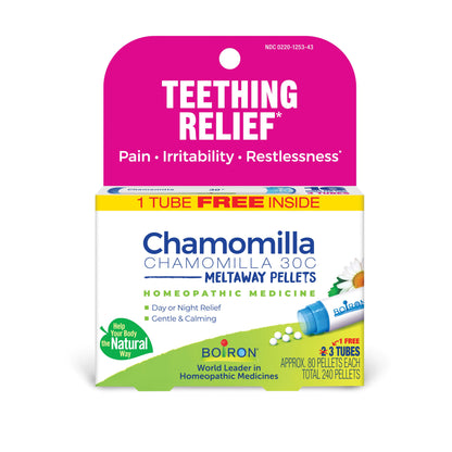 Chamomilla 30C, Homeopathic Medicine for Teething Relief, Meltaway Tablets, 1 Free Tube Inside, Boiron